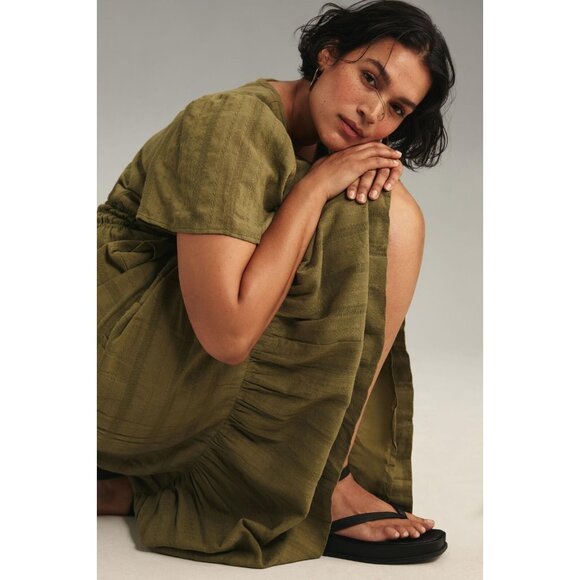 NWT Anthropologie Somerset Maxi in Moss Green Embroidered Tiered Cotton Dress L - Picture 4 of 7